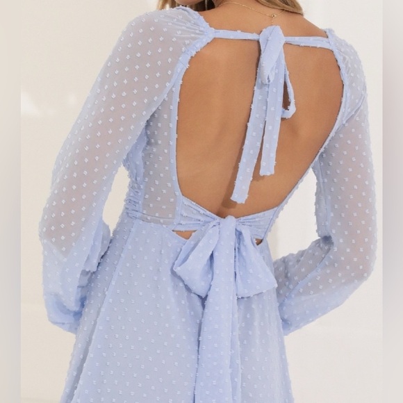 Lucy in the Sky Dotted Chiffon Long Sleeve Tie Back Mini Dress - Size S - Picture 2 of 6